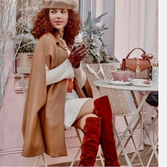 ZARA Manteco Wool Toggle Cape Jacket Coat Camel Brown Swingy Pockets small - Picture 3 of 10